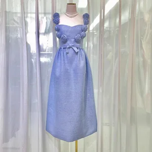 Factory Wholesale Midi Tweed Dress Women Daughter Summer Three-dimensional Flower Bow High Waist Elegant Slim Party Female