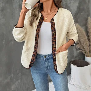 Autumn and winter women's casual leopard print fleece cardigan Casual pocket contrasting color polar fleece jacket