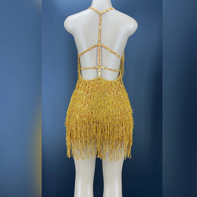 NOVANCE Y2229 Wholesale Exotic Dancewear Backless Blingbling Fringed Cutout  Sexy Hot Pole Dance Clothing Mini Gold Dress