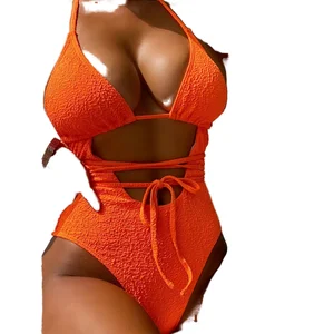 New Women's Fashionable and Sexy Lace-up Neck Hanging Backless Slimming One-piece Spandex/Nylon Breathable Quick-Dry Swimsuit