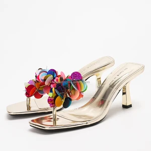 1828-14 Women's Fashionable Square Toe High Heels Summer Sandals Outdoor Open Back Heeled Slippers