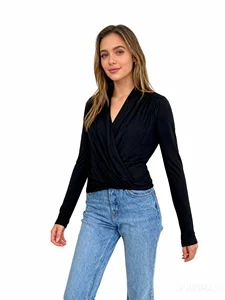 Women's Spring/Autumn Knitted Soft Stretch High Quality Elegant Cross V - Neck Draped Slim Long Sleeve Top