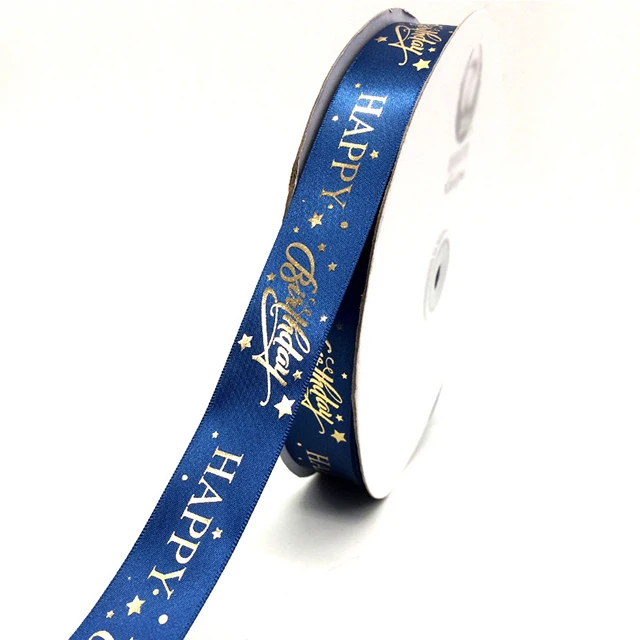 black Grosgrain ribbon foil gold logo stamping happy birthday ribbon gift packaging