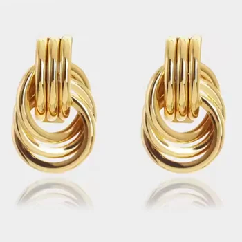 Women's Geometric 18K Gold-Plated Brass Earrings Thick Chain Buckle with Multi-Layer Design and Diamond Stone Classic Style