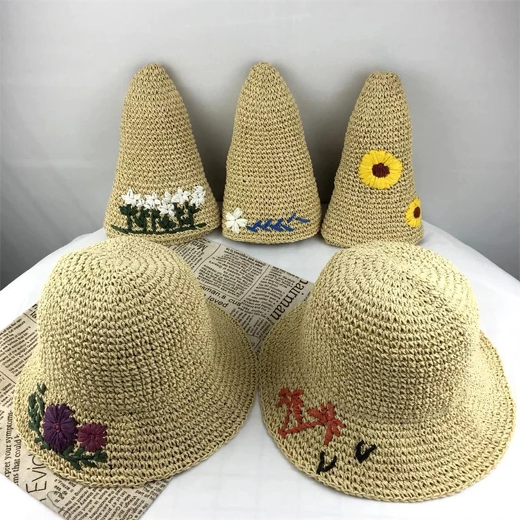 Hand-made Crochet Straw Hat with Embroidered Flowers display picture 3