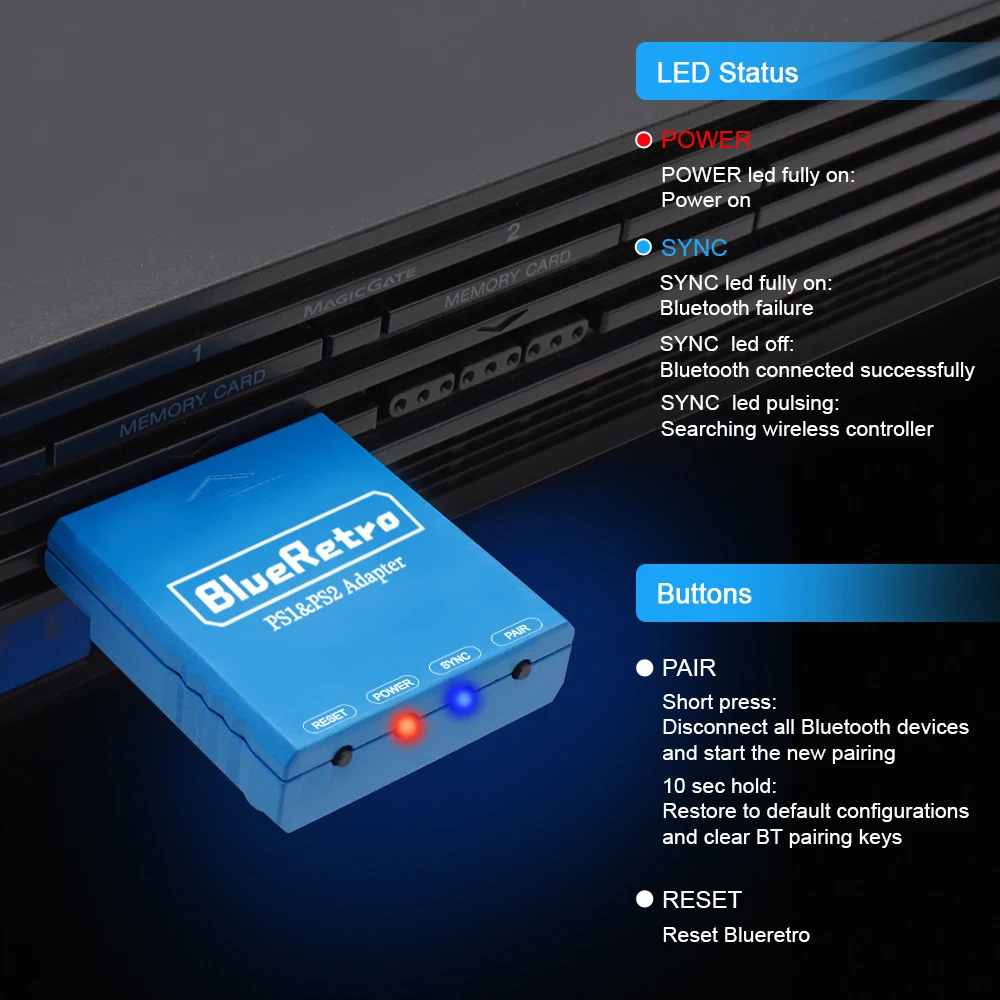 Blueretro BT Wireless Adapter for PS2 Universal Converter Gamepad Dongle for PS2 PSX PS One Console for PS3 PS4 PS5 Controller