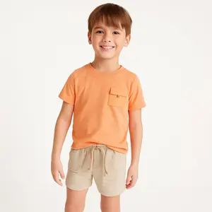 2026 Summer Kids 2 Piece Set Orange Pocket T-Shirt and Beige Shorts Outfit for Boys Cotton Breathable Toddler Clothing OEM ODM