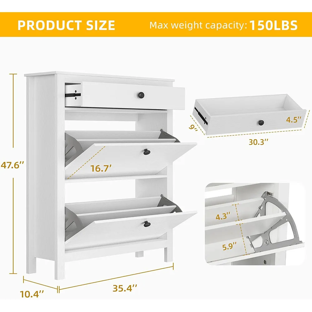 White Shoe Cabinet with 2 Flip Drawer,slim Shoe Storage Cabinet With Metal Flip Frame - Adjustable or Removable Hidden Shoe Rack details