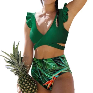 Sexy High Waist Swimsuit Women Cross Shoulder Ruffle Bikini Summer Two Pieces Print Swimwear Push up Bathing Suit