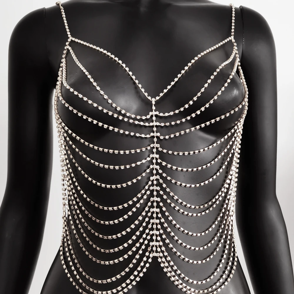 Shiny Multi Layer Wire Harness Top Bra Chain Rhinestone Body Chest