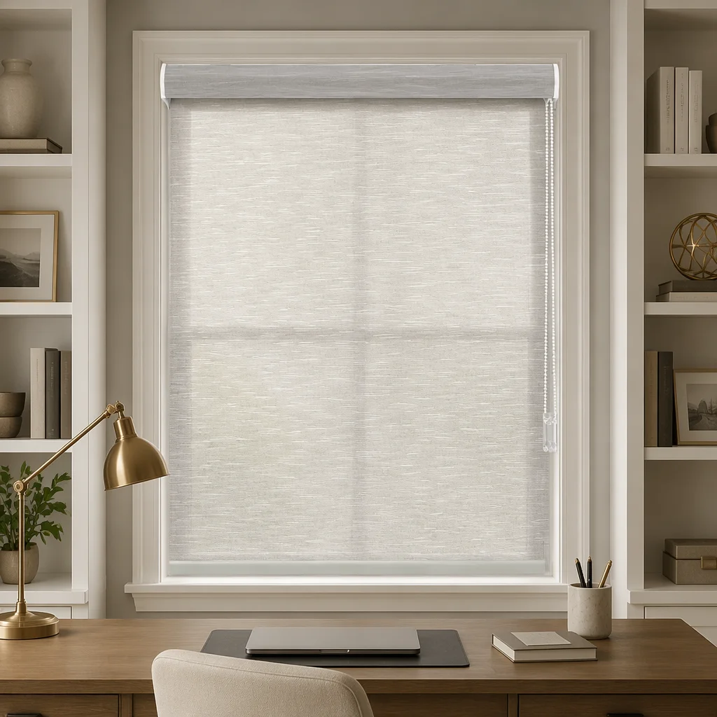 Chain System Roller Shades Semi-Sheer Gray Arc Headrail White Bead Chain Safety Connector Custom Size Home Office Factory