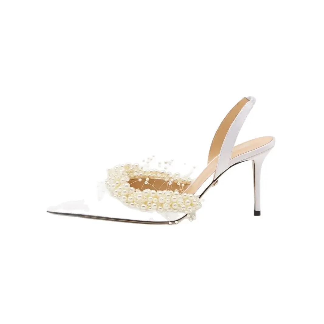 Oem&Elegant Bridal White Pearl Stiletto Heel Pointed Toe Trendy Wedding Party Daily Shoes Women Sandals - Image 3