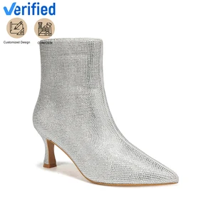 Women's Chic Silver Rhinestone Embellished Ankle High Heel Boots Pointed Toe Stiletto Zip Comfortable Height Increasing Winter