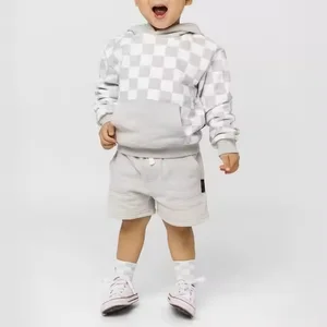 Custom Logo Kids Clothing Sets Checkered Pocket Sweatshirt Baby Hoodies Joggers Suit Streetwear Custom Kids Tracksuit