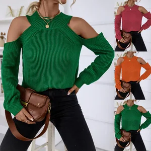 Women's Fashion Pullover Sweater with Stand Collar Casual Knitted Top for Winter Cold Shoulder Design