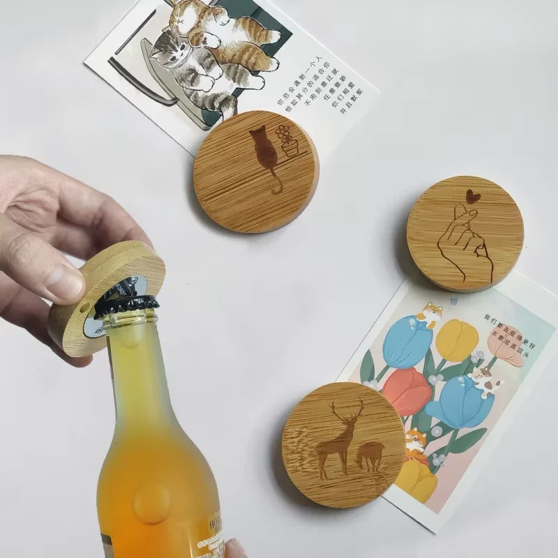 Custom Logo Printed Diy Spirit Level Round Bamboo Magnetic Wood Blank Wooden Magnets Custom Bottle Opener With Magnet