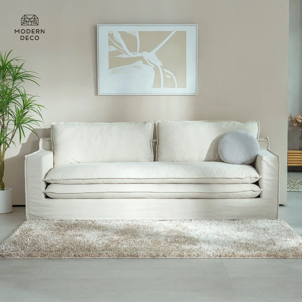 Feather Sofa Duck Down Filled Couch Modern Linen 3 Seater Wabi Sabi Hygge