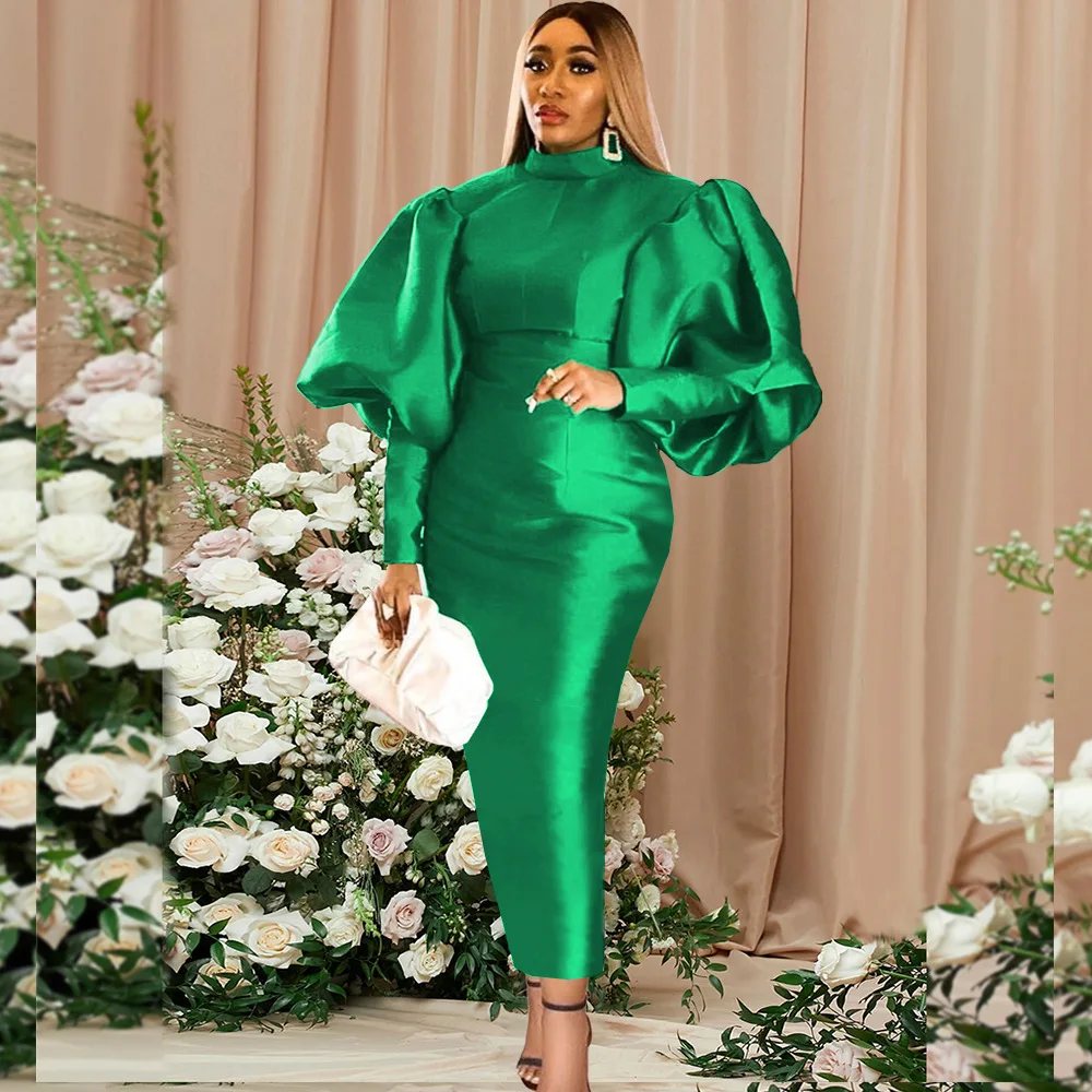 Green Bubble Sleeve Plus Size Christmas Party Dress