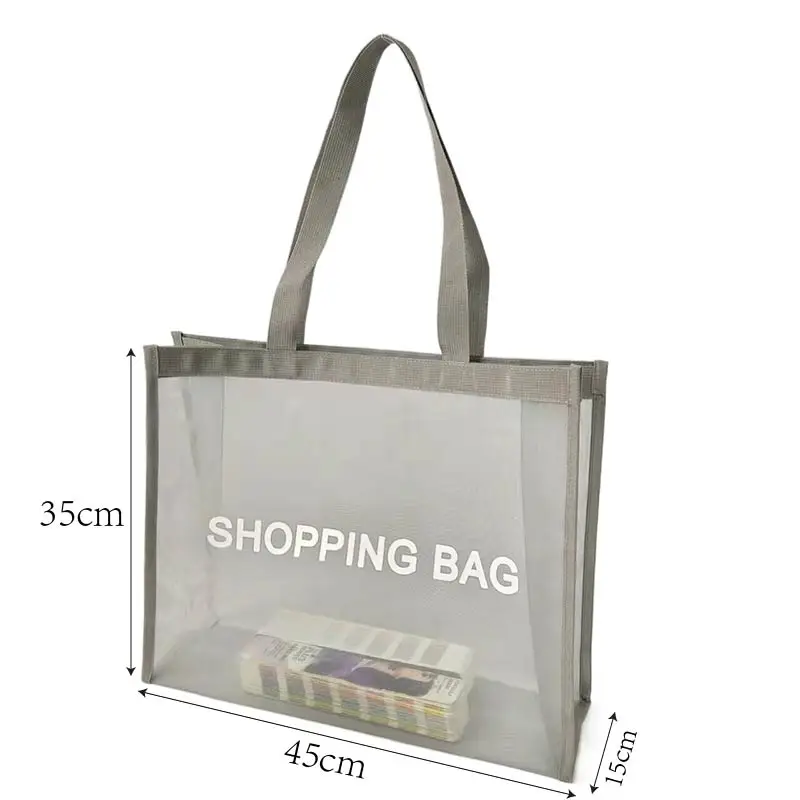 Wholesale Custom Travel Beach Clothing Packaging Portable Transparent Nylon Mesh Shopping Tote Bags With Logos