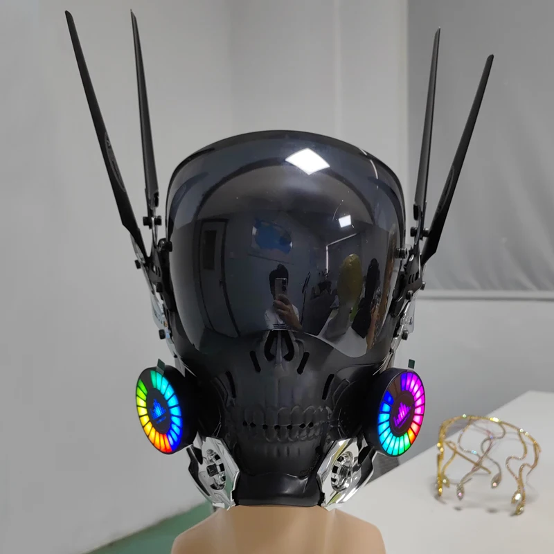 Cyberpunk Skull Mask with LED Light Gothic Cyber Mask for Men, Techwear Mask, Halloween Cosplay Costume Accessory