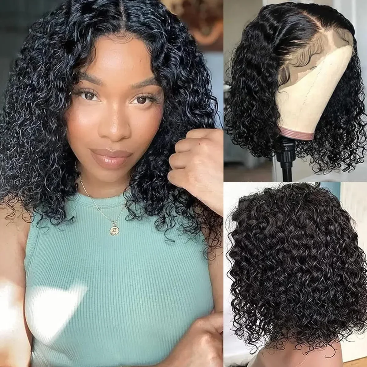 Deep Wave Bob Wig 180 Density T Part Lace Frontal Human Hair Peruvian Remy Curly Short Bob Wig_voghion.com