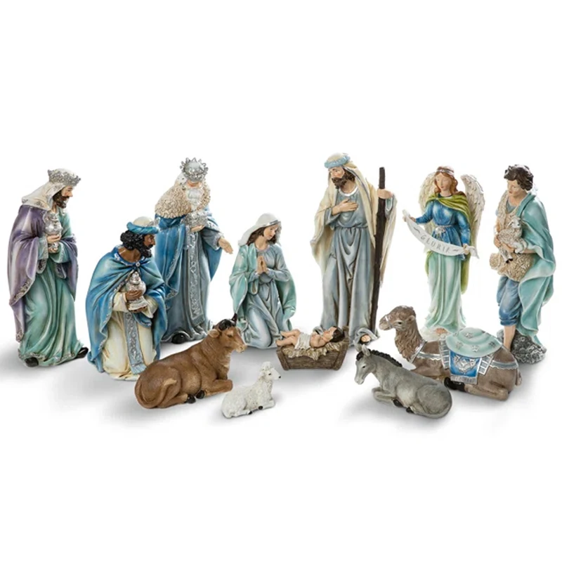 Nowości Ręcznie Wykonany Katolicki Prezent na Dzień Matki, Figura ze Smaryglu Święta Rodzina, 12 Sztuk Ozdoba Choinkowa, Niebieski Zestaw Figur Betlejemskich