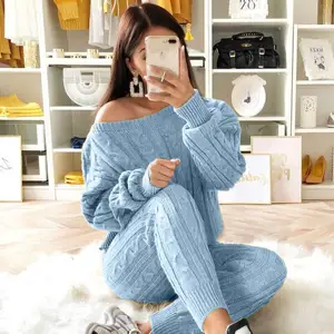 2024 Autumn Winter Collection Women's Casual 2-Piece Set Long Sleeve Knitted Sweater Top and Long Pants Solid Color