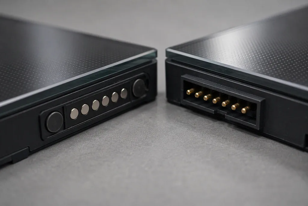 Comparison of magnetic and pin-type connectors on LED dance floor panels