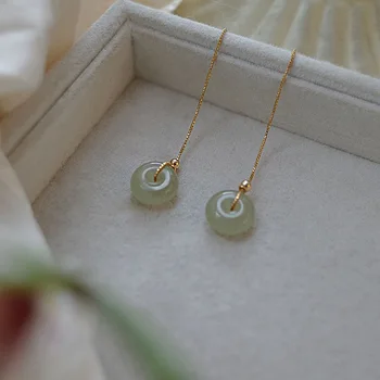 Miyuan Orecchini Pendenti Lunghi In Argento 925 E Giada Verde - Stile Retrò Con Nappe - Regalo Per Donna