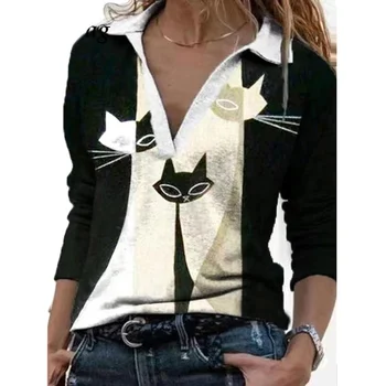 Women Casual Vintage Cat Print Loose Blouse 2021 Spring Autumn Long Sleeve Tops Blusa Sexy V Neck Lady Shirt Pullover Streetwear