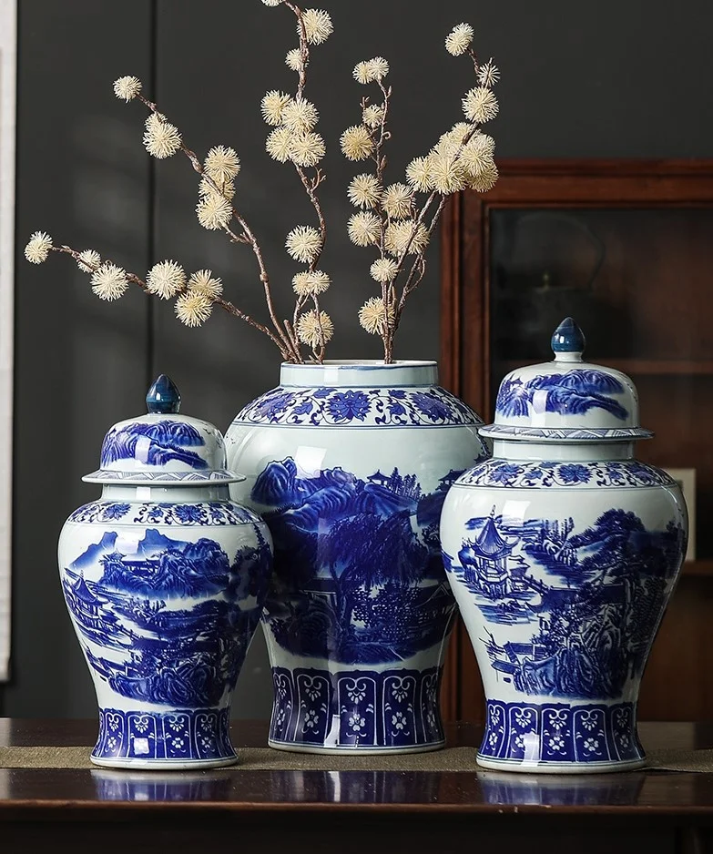 中国アンティークqing王朝青と白セラミック大きな花瓶手作り家の装飾