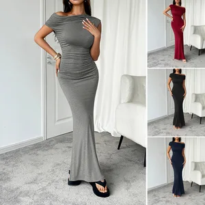 Factory Manufactured Elegant Vintage Women's Dress Modest Square Collar Halter Neck Casual Fitted Long Dress