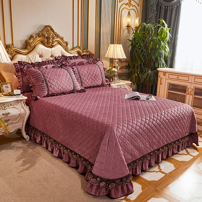 
Thicken encrypted crystal velvet bed cover luxury large quilt comfortable quilted bed linen lace patchwork ruffled bed skirt 