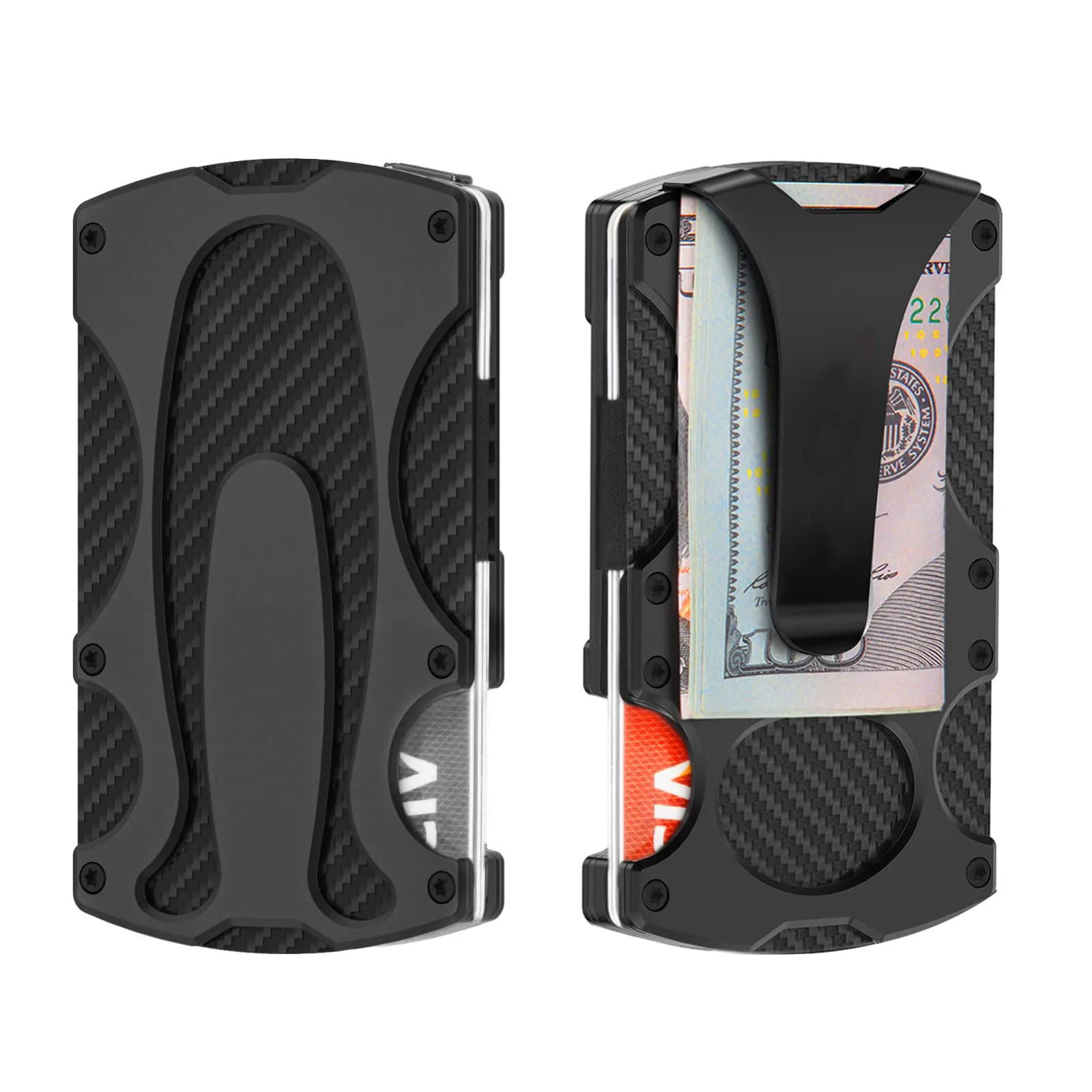 Men's Slim Tactical RFID Blocking Wallet Minimalist Carbon Fiber Credit Card Holder with Aluminum Money Clip and Metal Lining