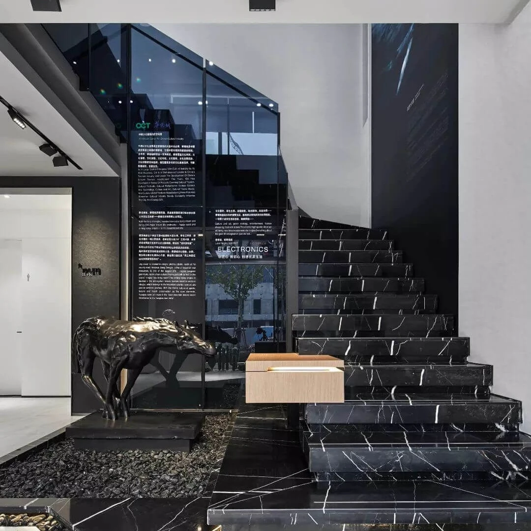 Black marble straight staircase indoor floating stairs with smoked glass railing