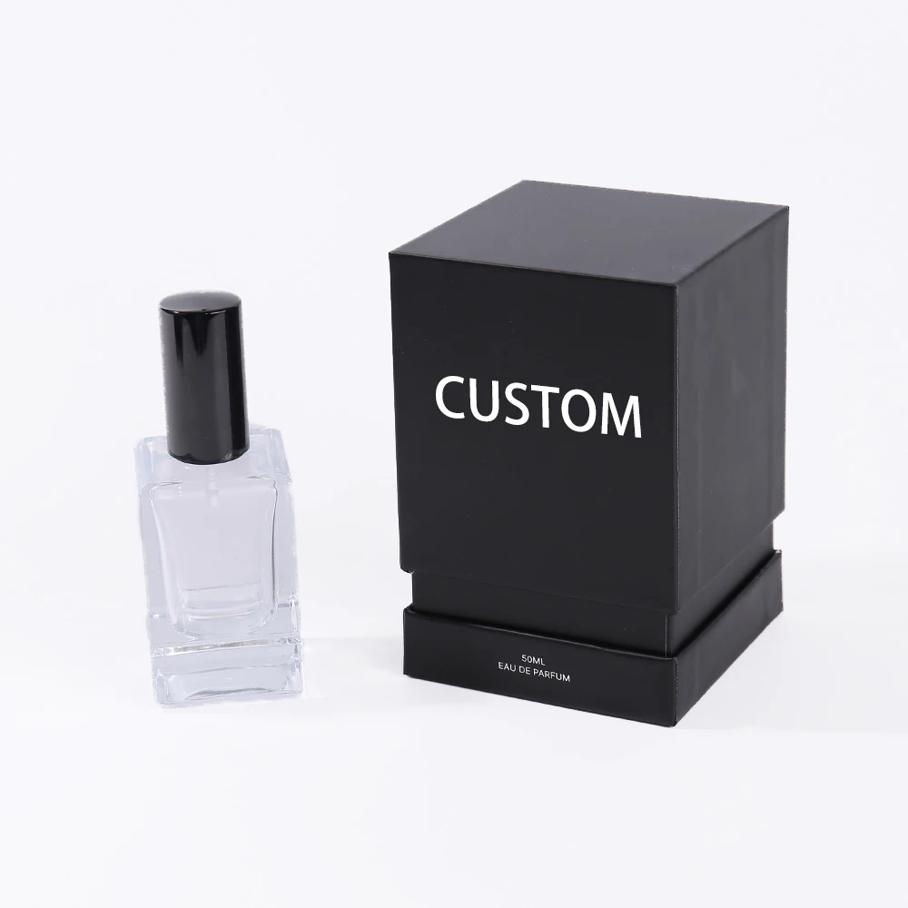 علبة تغليف عطرية فاخرة مصنوعة من الورق المقوى الصلب المخصص، تتكون من غطاء وقاعدة، مع طباعة الشعار والتشطيب الحراري (Stamping)، وهي علبة تغليف عطرية راقية