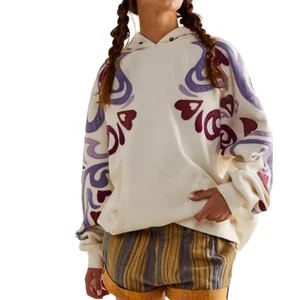 Women's Oversized Terry Fabric Waterproof Streetwear Hoodie with Kanga Pocket Floral Pattern Patch Sleeves