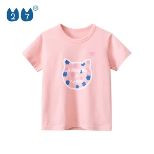 100% Cotton O-Neck Cartoon Pink Short Sleeve Cute Design Girls T Shirt