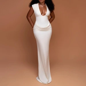 2025 Ruched Elegant Dress Women V-neck Classic Sexy Vestidos Fashion Solid Skinny Evening Cocktail Party Long Bodycon Dresses