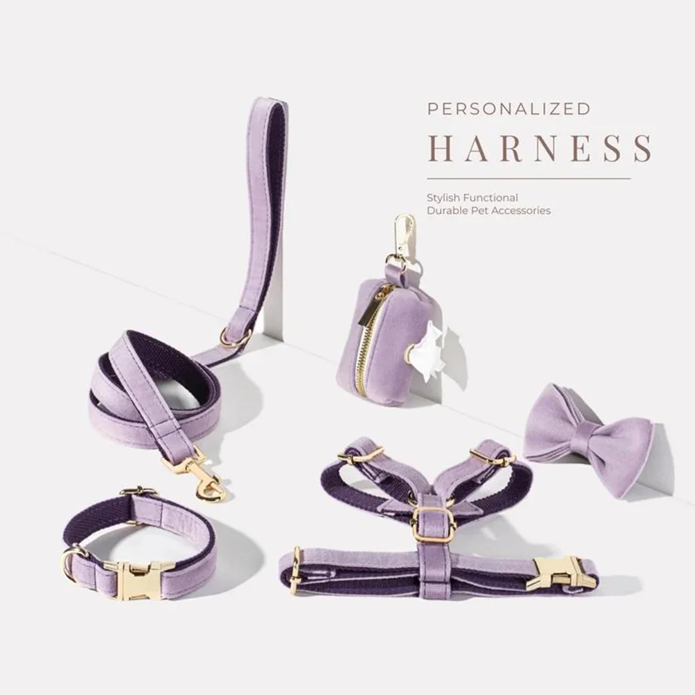 Personalized Design Dog Harness Matching Dog Collar Metal Buckle Leash Manufacturers Pet Bandana Bowknot Poop Bag Dispenser