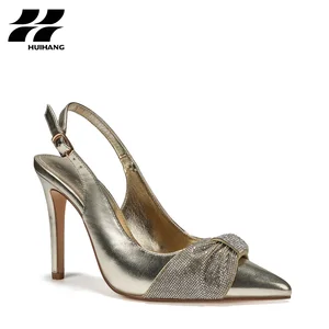 Women's Stylish Brand New Pumps Bowknot Temptament High Heels Single Shoe with Metallic PU Shallow Mouth Pointed Toe Thin Heels