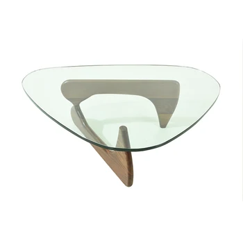 Modern Furniture Triangle Glass Table, Glass Table in ASH Wood Leg, Irregular Glass Wood Coffee Table Basse