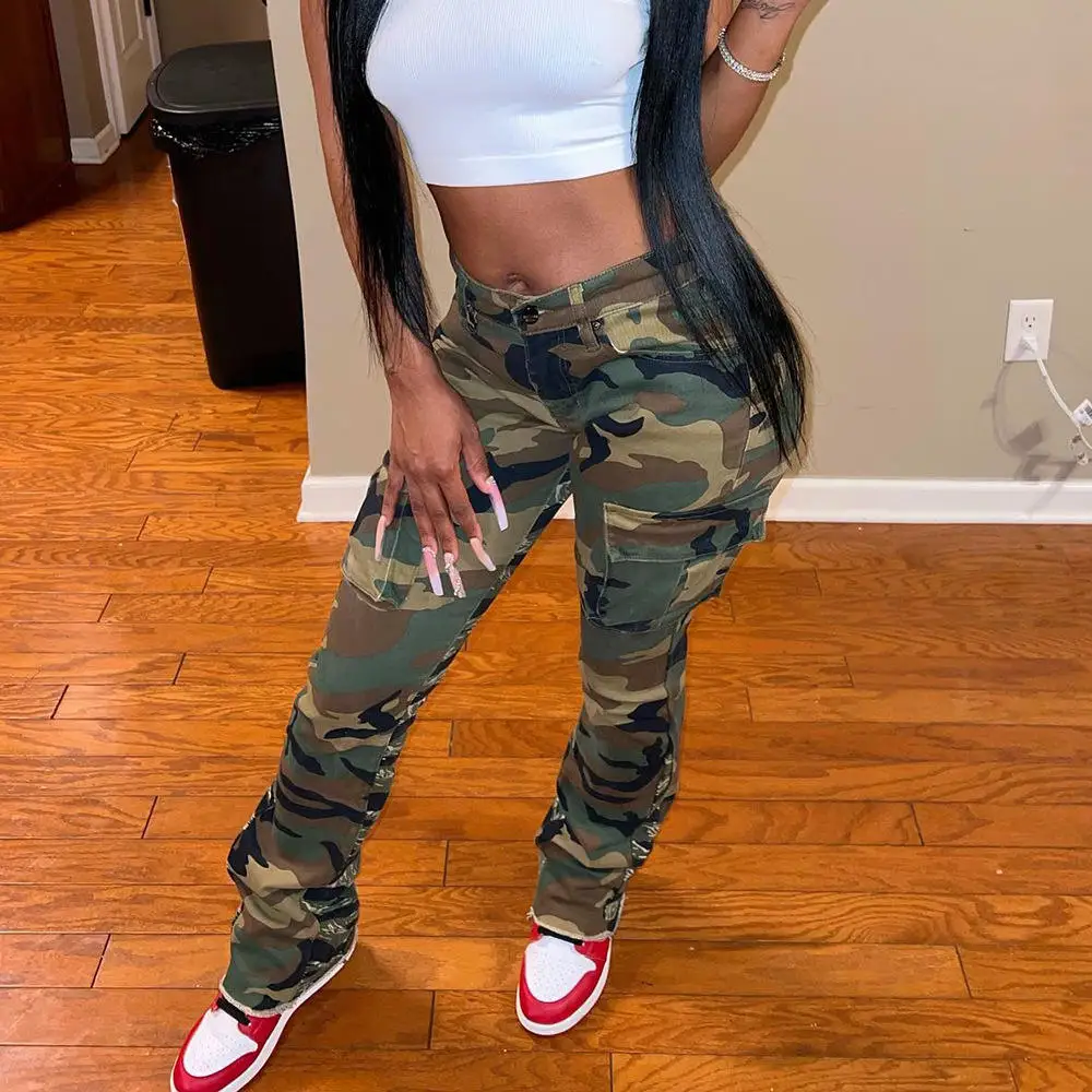 Y2k Street Stretchable Woman Trousers Knitted Camouflage Pants Ladies Cargo Pants Women