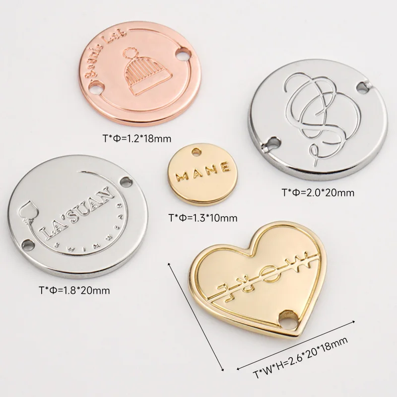 Design Brand Logo Engraved Metal Label Tag Gold Bag Garment Sewing Hole Logo Metal Clothing Label Custom Metal Tags for Swimwear