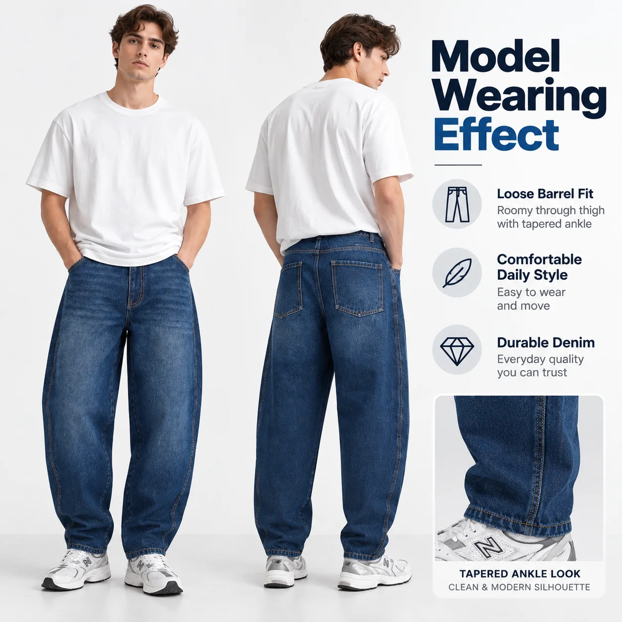 Men's Vintage Washed Scimitar Jeans High Street Trendy Loose Wide-Leg Pants American Slub Pattern Casual Denim Design