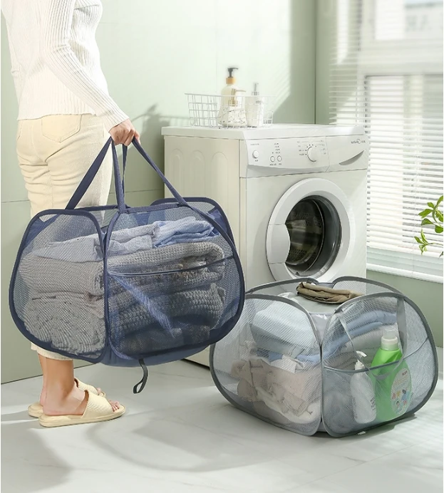 Soft Close Laundry Hamper with Mesh Nylon Basket 90L Capacity Laundry Bags Square Bottom