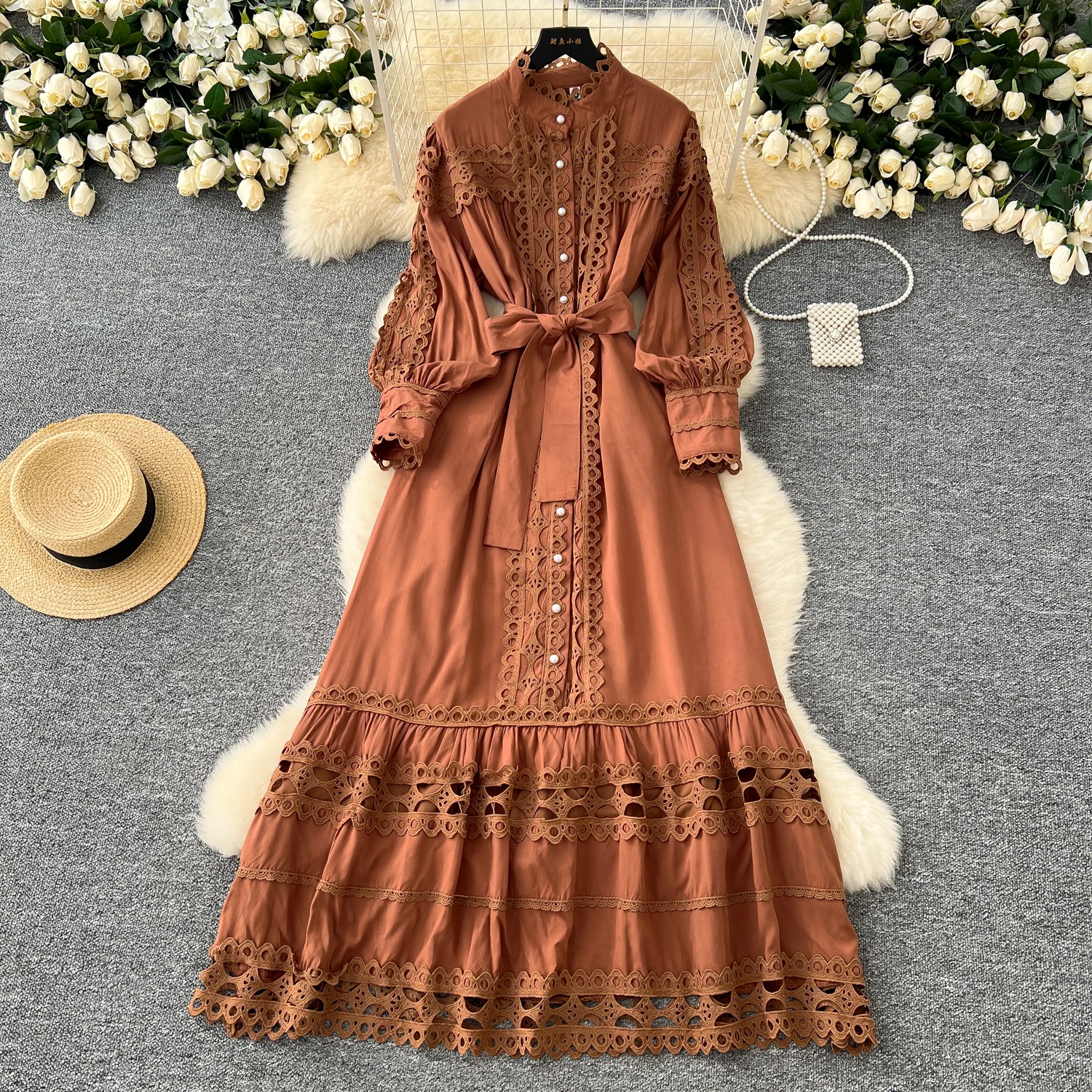chinese dress ladies Lace Hollow Out Ruched Maxi Dress, L / White main image 1