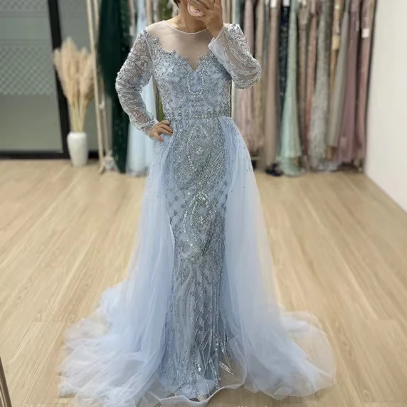 DDS034B Stunning Long Sleeves Evening Dresses Women Elegant Beaded Muslim  Dubai A-Line Mother of the Bride Dress Party Gowns