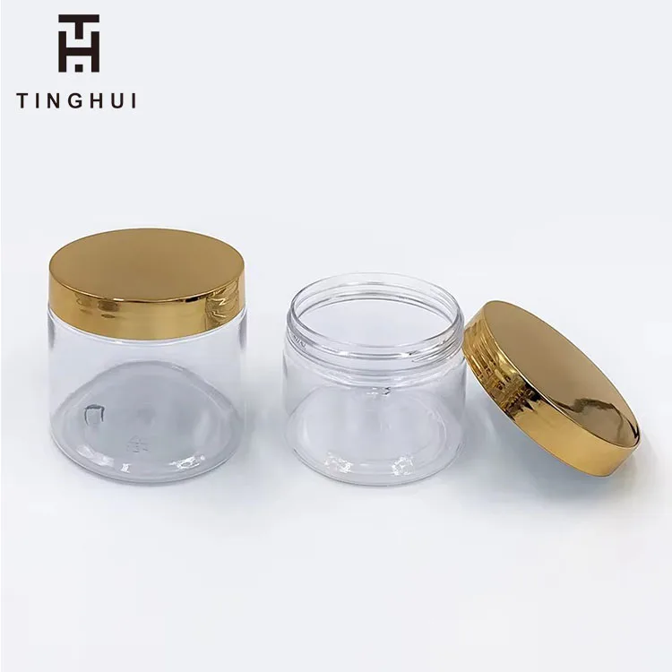In Stock 100ml 120ml 150ml 200ml 250ml Empty Clear Plastic PET Jar with Gold Lid Luxury Cosmetic Packaging for Cream