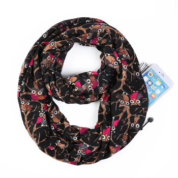 Owl Pattern Infinity Scarf With Hidden Zipper Pocket to store Phone,Keys and Wallet